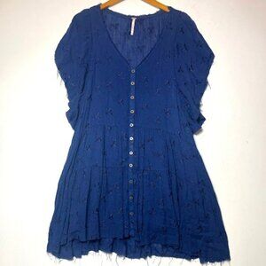 Free People Navy Blue Tiered Button Eyelet Boho Raw Hem Mini Dress Sz S
